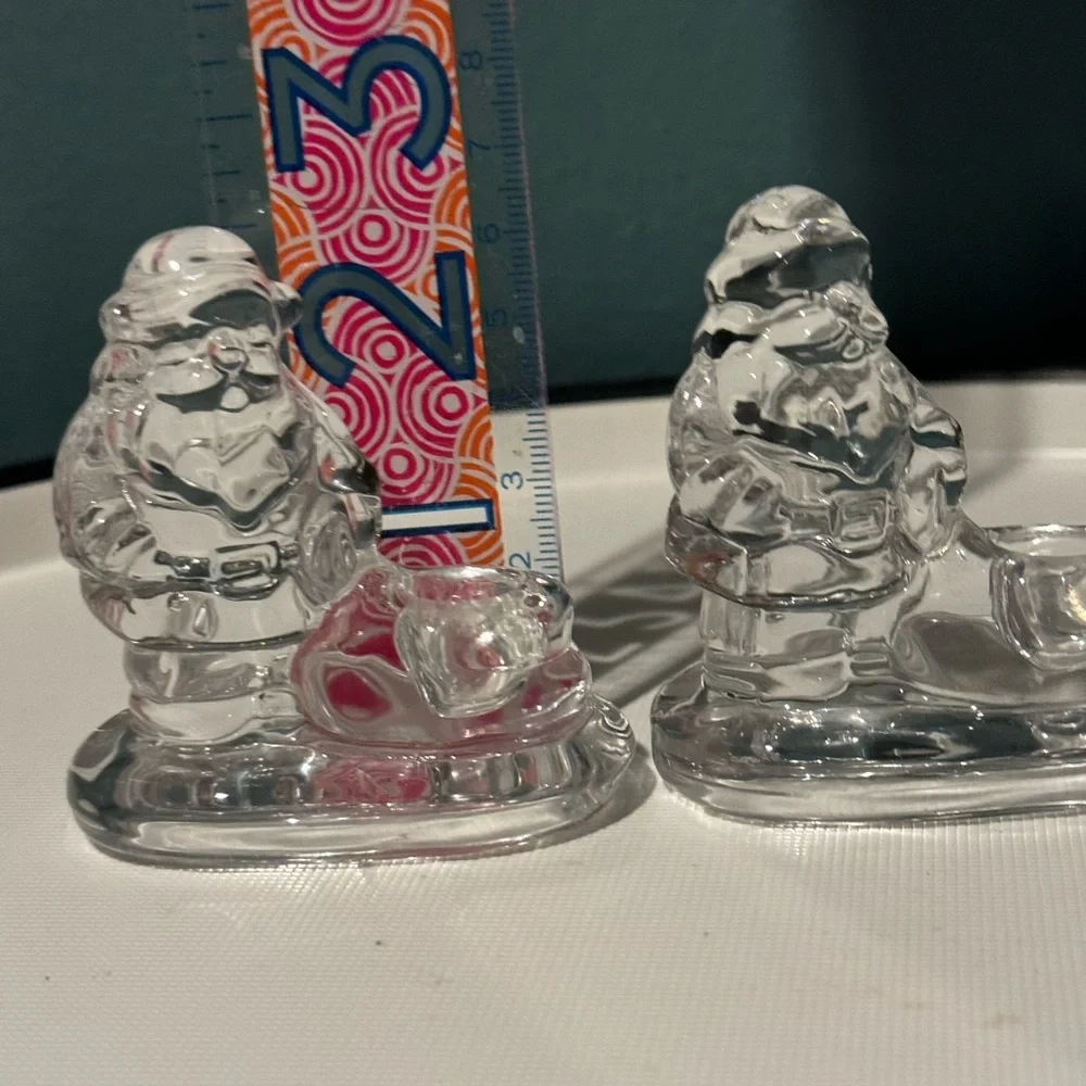 Set of 3 Williams Sonoma Clear Glass SANTA Tiny Taper Candle Stick Holders